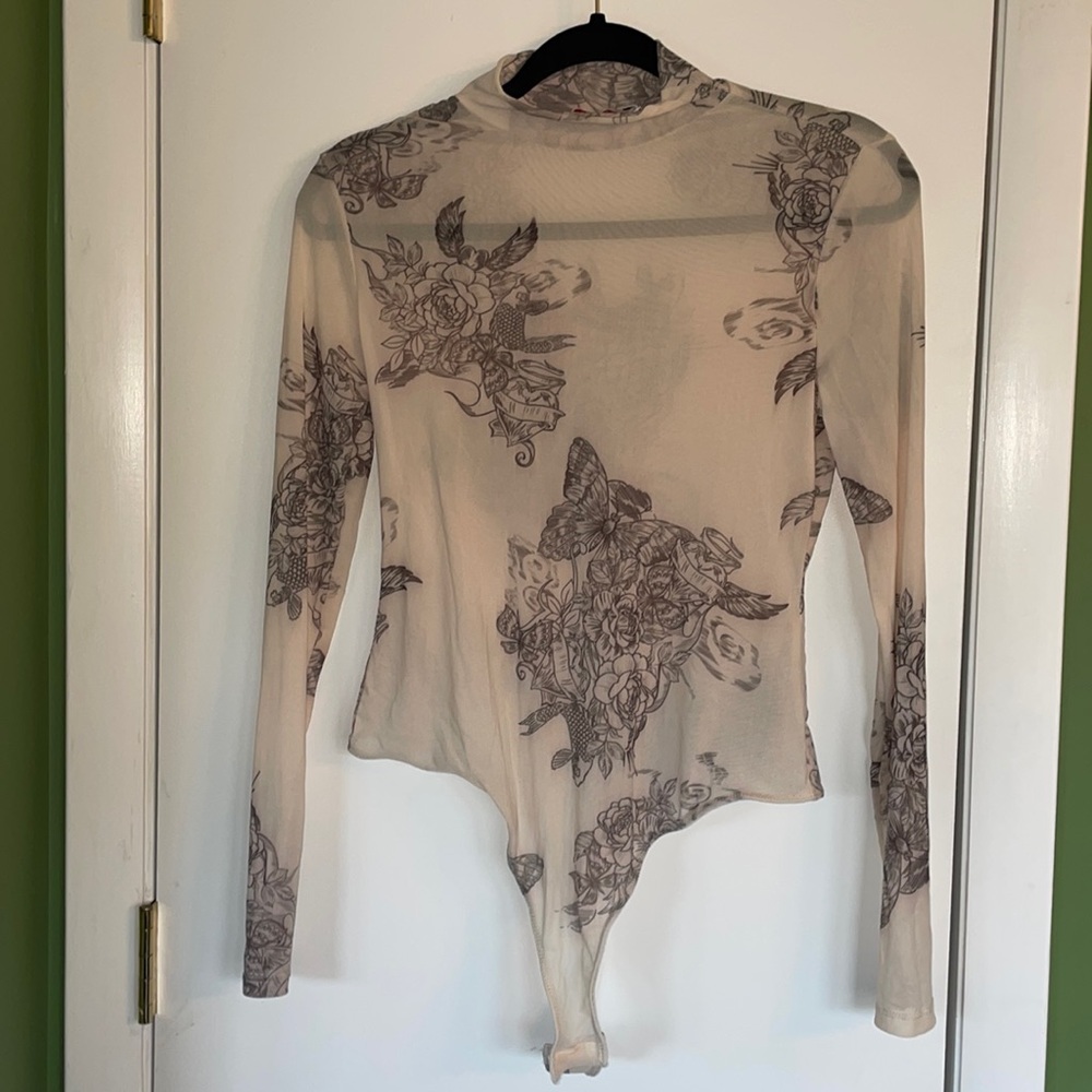 Shoe Dazzle Cream and Black Floral Tattoo Mesh Bodysuit